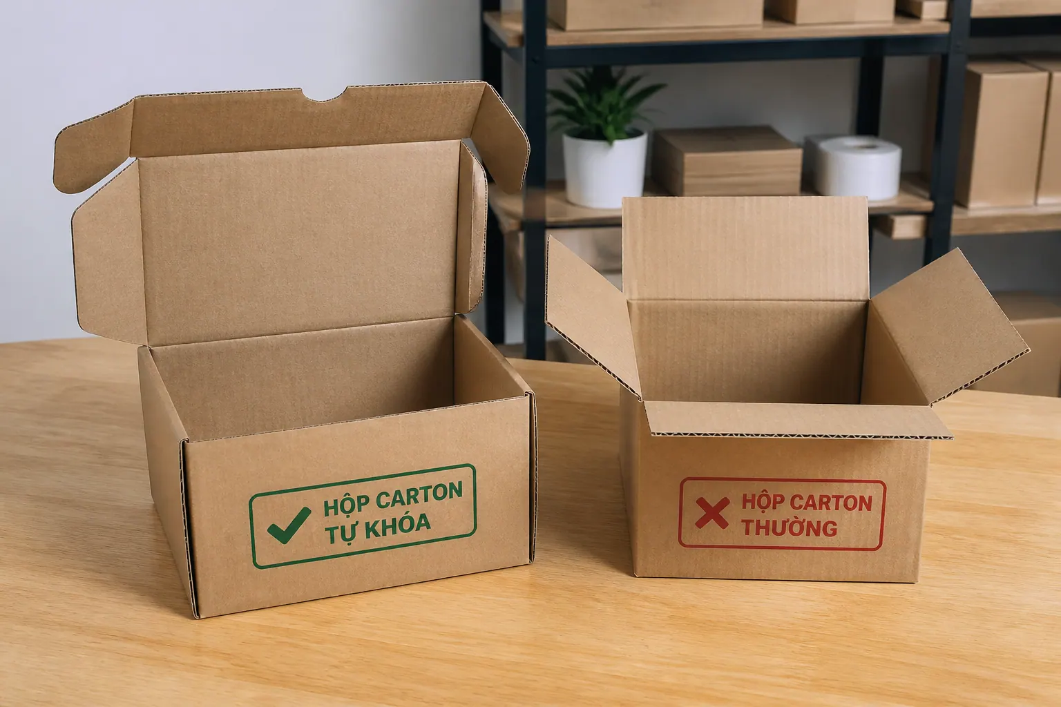 Bảng so sánh hộp carton tự khóa và hộp thường Bảng so sánh hộp carton tự khóa và hộp thường